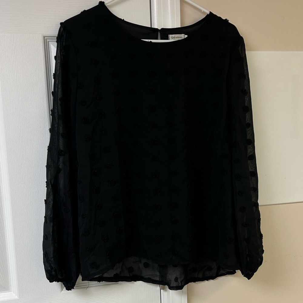 Qearal Black Swiss dot chiffon blouse Long Sleeve